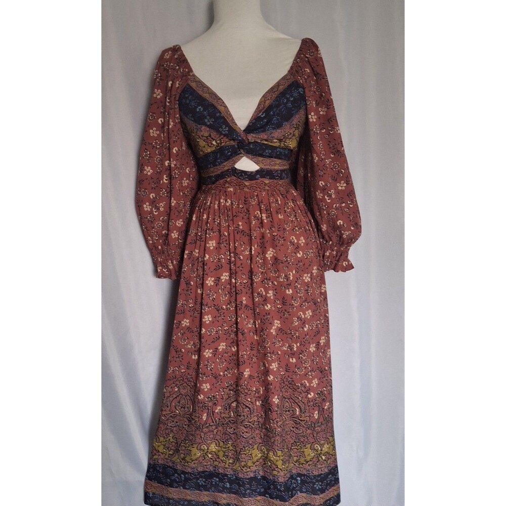 Vtg Y2K Angie Womens Floral Boho Midi Dress Puff Sleeve Cottage Festival Sz S